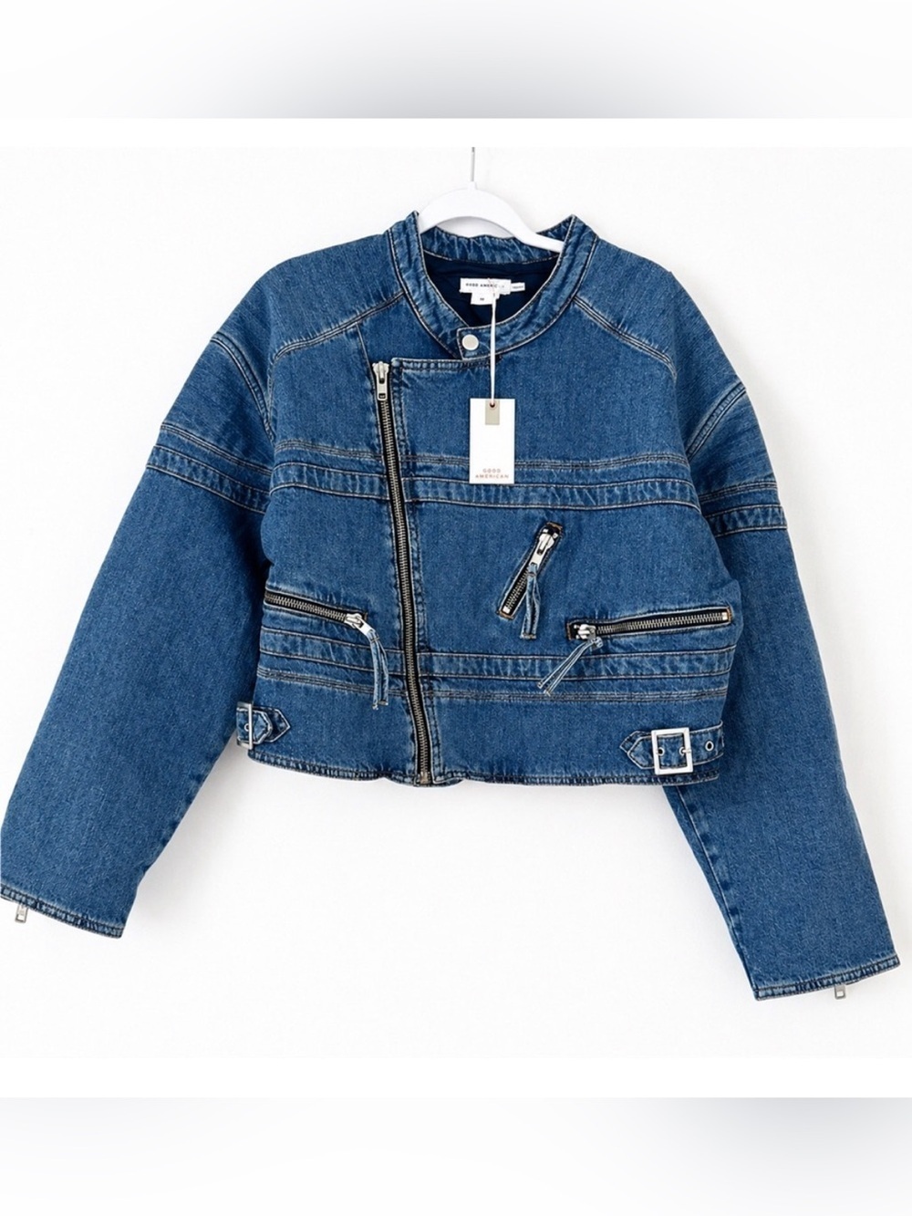 NWT Good American Cropped Denim Moto Jacket M | Zip Detail | Trendy